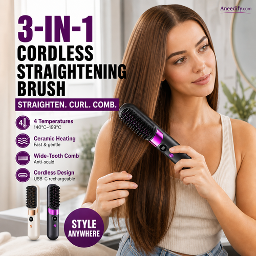 💇‍♀️ 3-in-1 Cordless Hair Straightening Brush – Straighten, Curl & Detangle Anywhere
