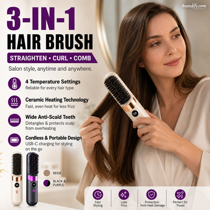💇‍♀️ 3-in-1 Cordless Hair Straightening Brush – Straighten, Curl & Detangle Anywhere