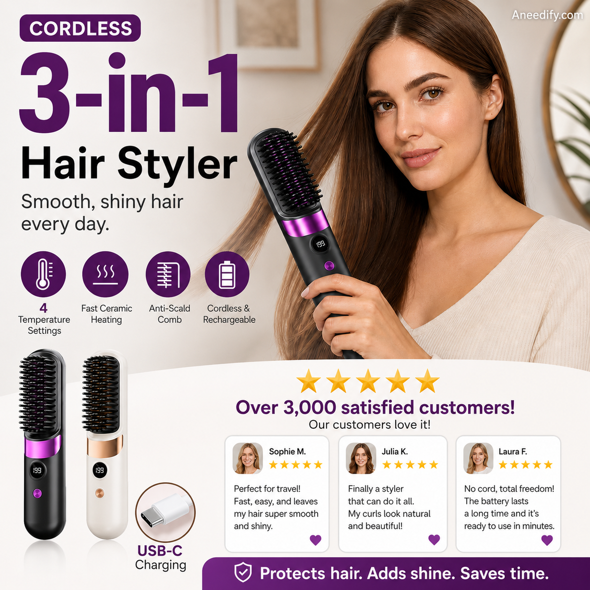 💇‍♀️ 3-in-1 Cordless Hair Straightening Brush – Straighten, Curl & Detangle Anywhere