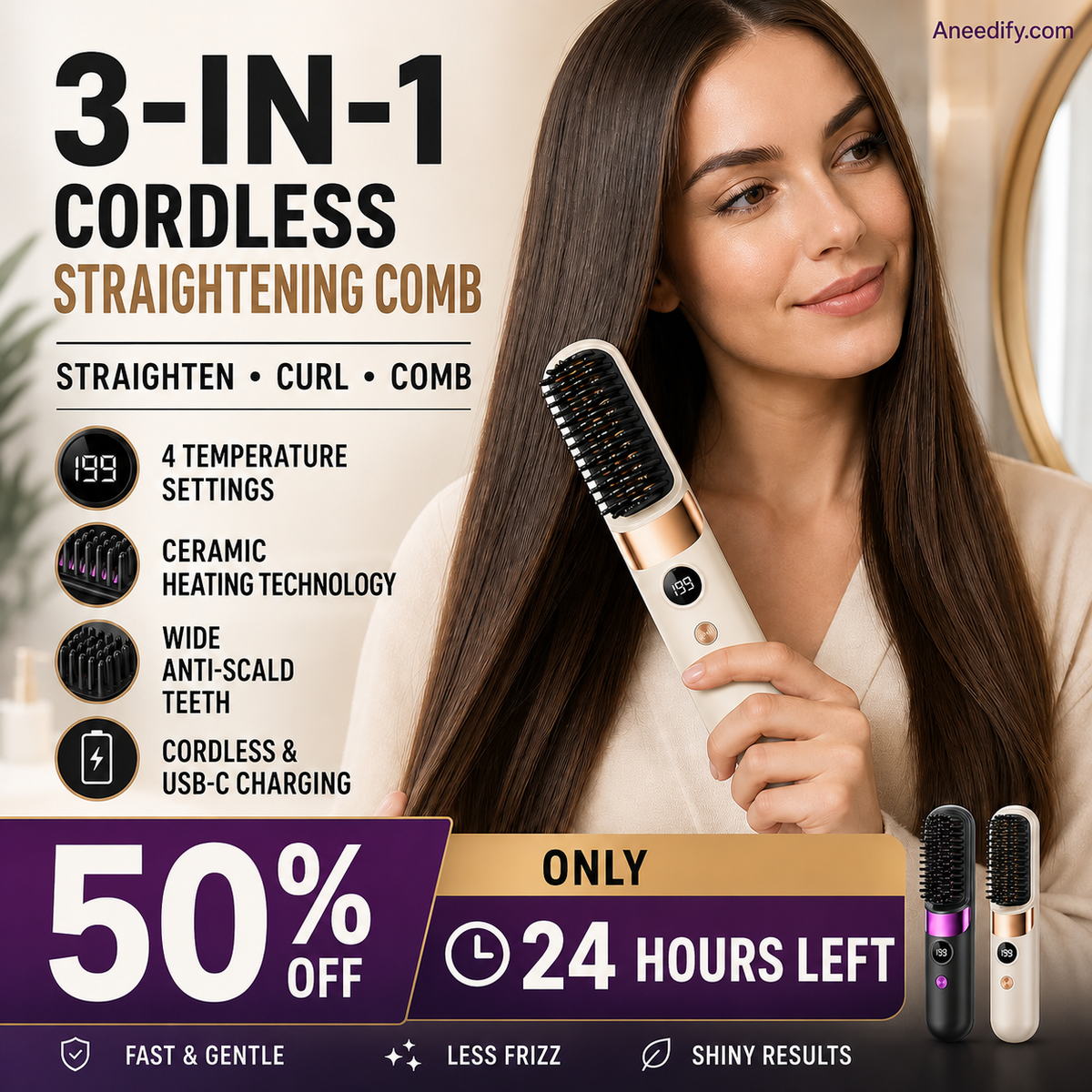 💇‍♀️ 3-in-1 Cordless Hair Straightening Brush – Straighten, Curl & Detangle Anywhere