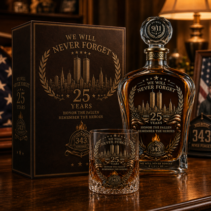 🕯️ 9/12 25th Anniversary Memorial Whiskey Decanter & Glass Gift Set – We Will Never Forget 343 Heroes Tribute