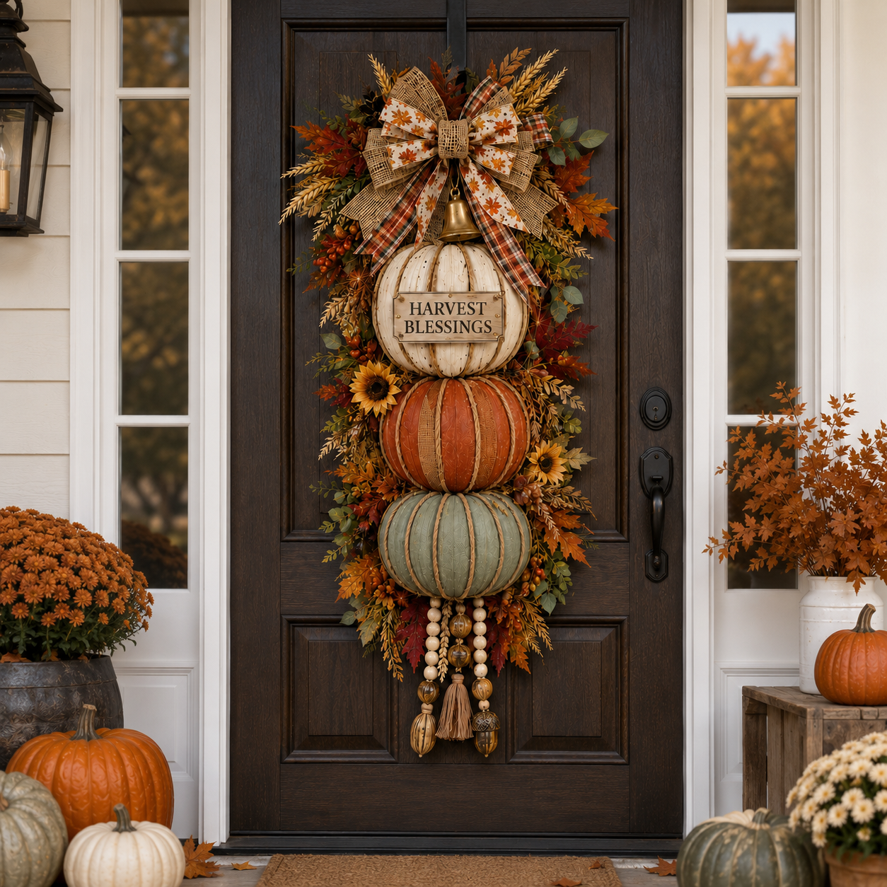 🍂🏡🎃Lighted Stacked Pumpkin Fall Door Decor with 3 Seasonal Plaques