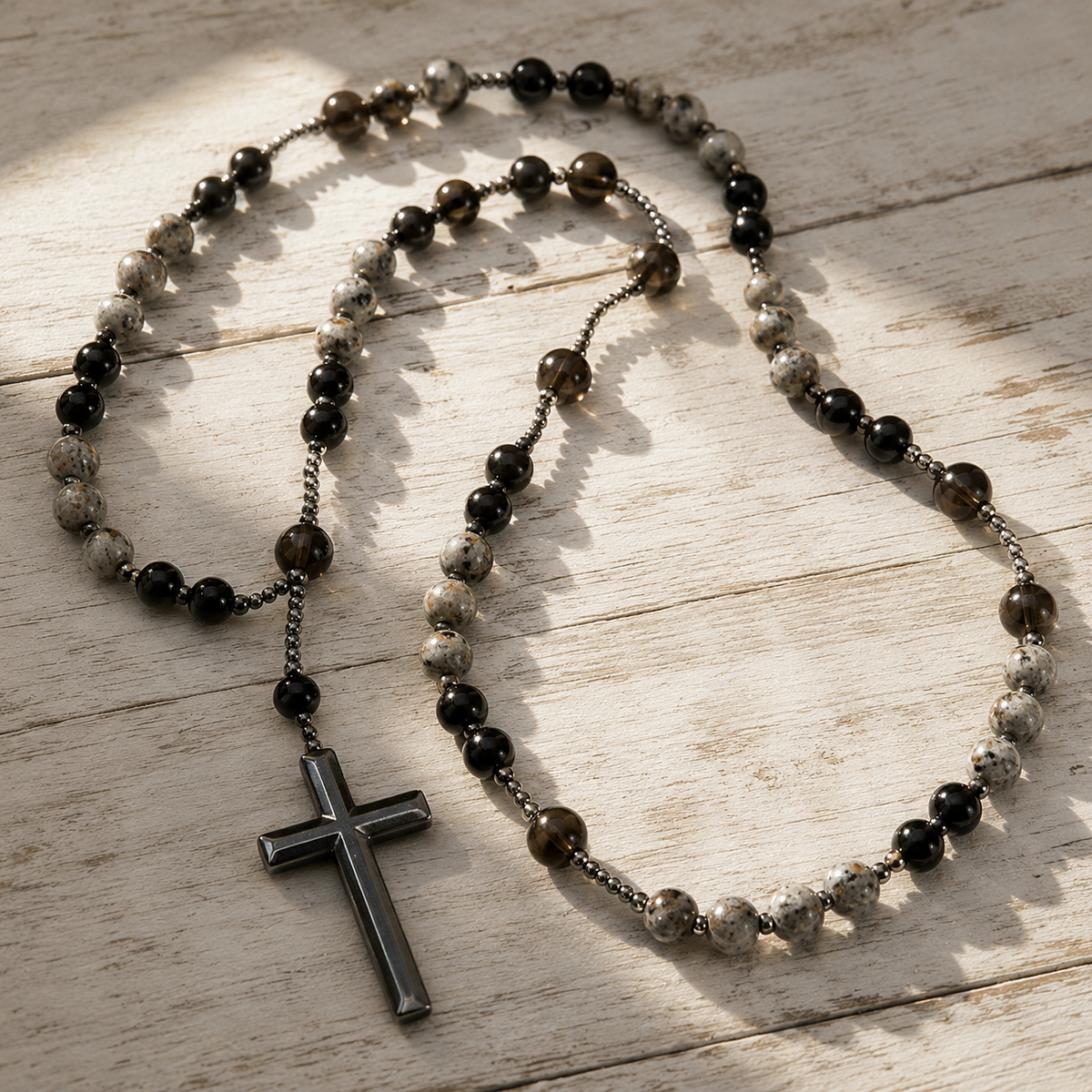 Natural Obsidian Yooperlite Rosary Necklace, UV Reactive Energy Protection Crystal