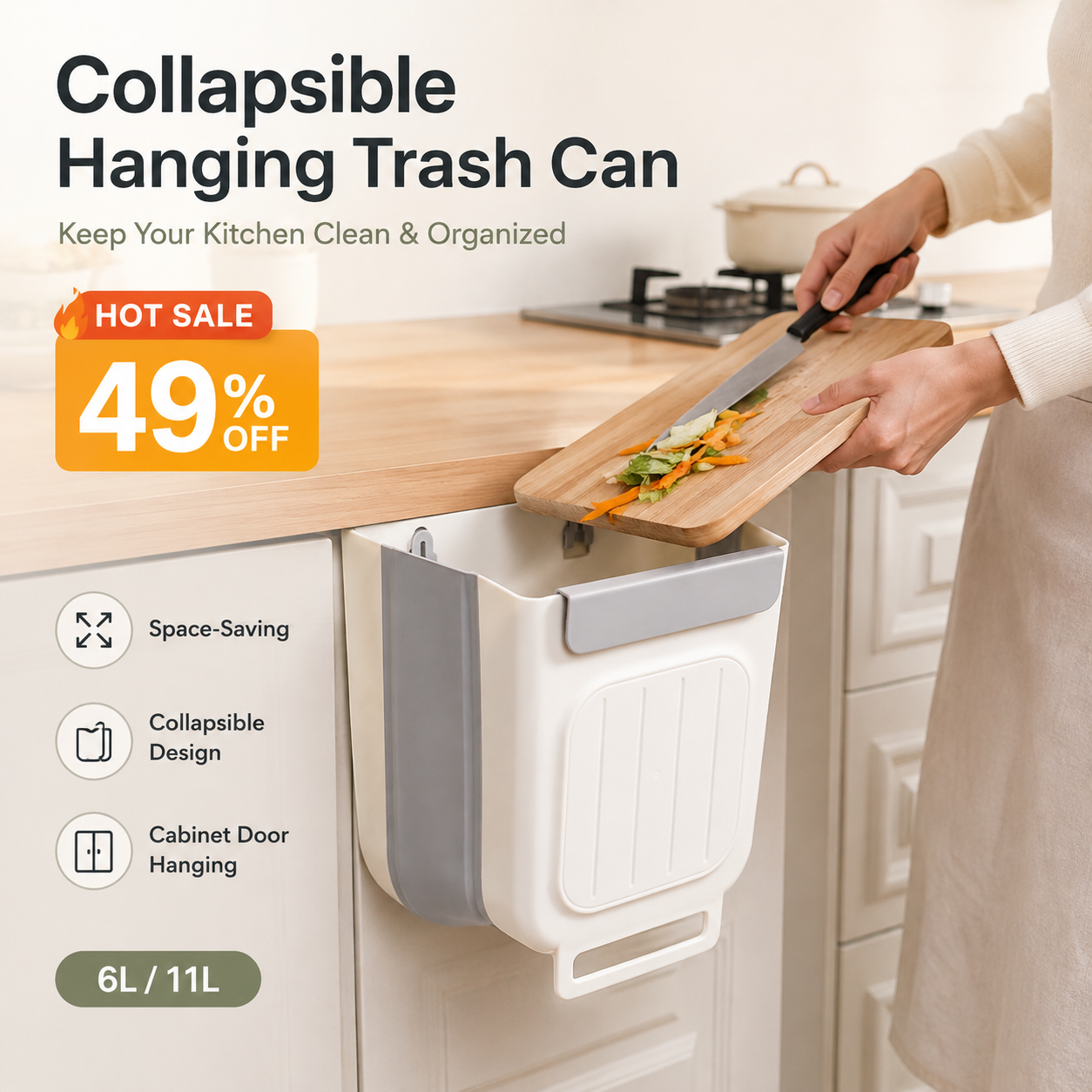 🗑️ LIMITED-TIME 50% OFF! 💫 Collapsible Hanging Trash Can for Kitchen Cabinet Door – Space-Saving Waste Bin (6L/11L)