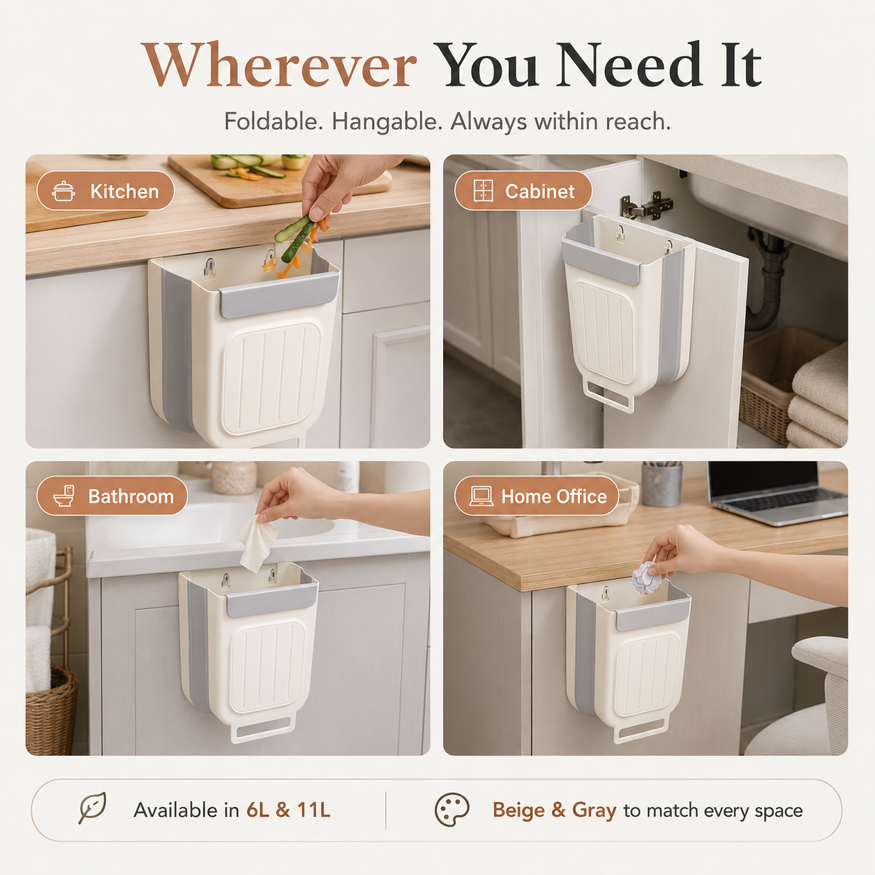 🗑️ LIMITED-TIME 50% OFF! 💫 Collapsible Hanging Trash Can for Kitchen Cabinet Door – Space-Saving Waste Bin (6L/11L)