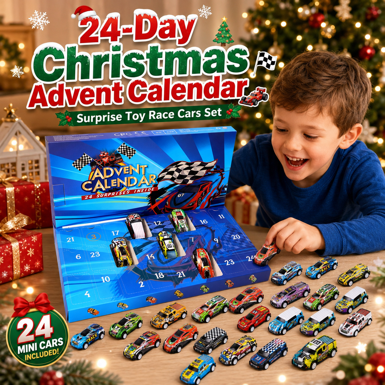 🎄24-Day Christmas Advent Calendar – Surprise Toy Race Cars Set 🚗
