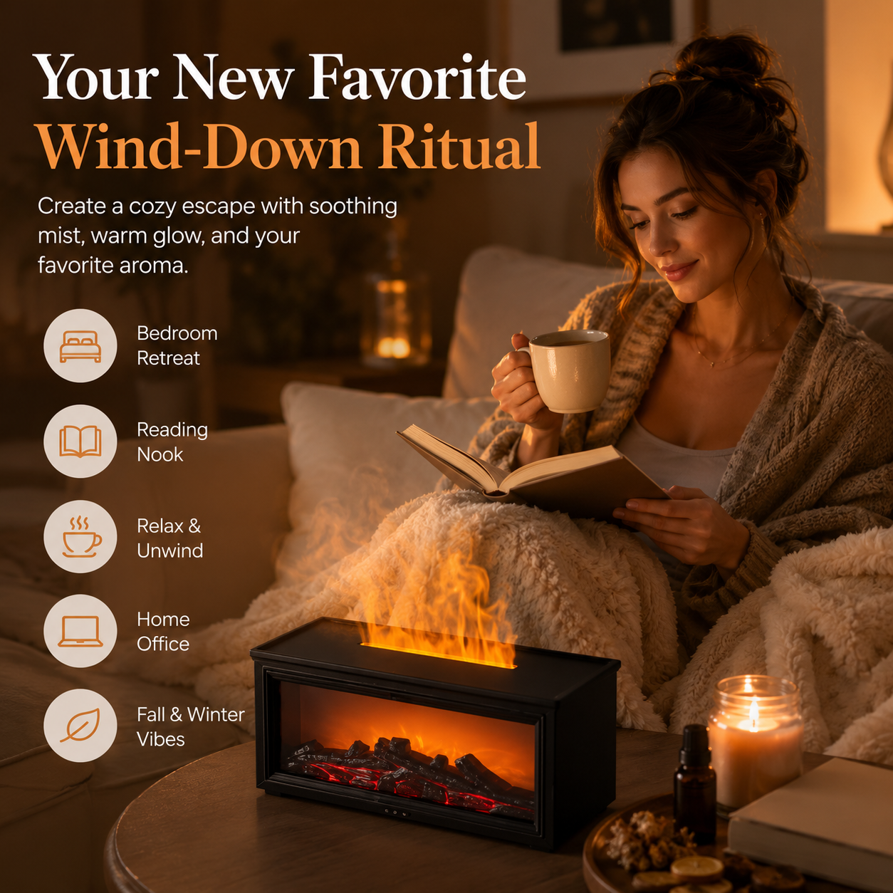 🔥 Fireplace Aroma Diffuser – Cozy Flame Effect with Soothing Mist & Warm Ambience