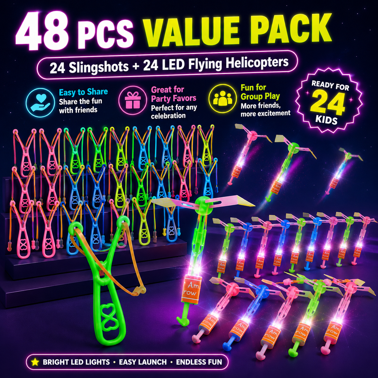 🚁 24-Pack LED Flying Set – Helicopters + Slingshots, Glow in the Dark
