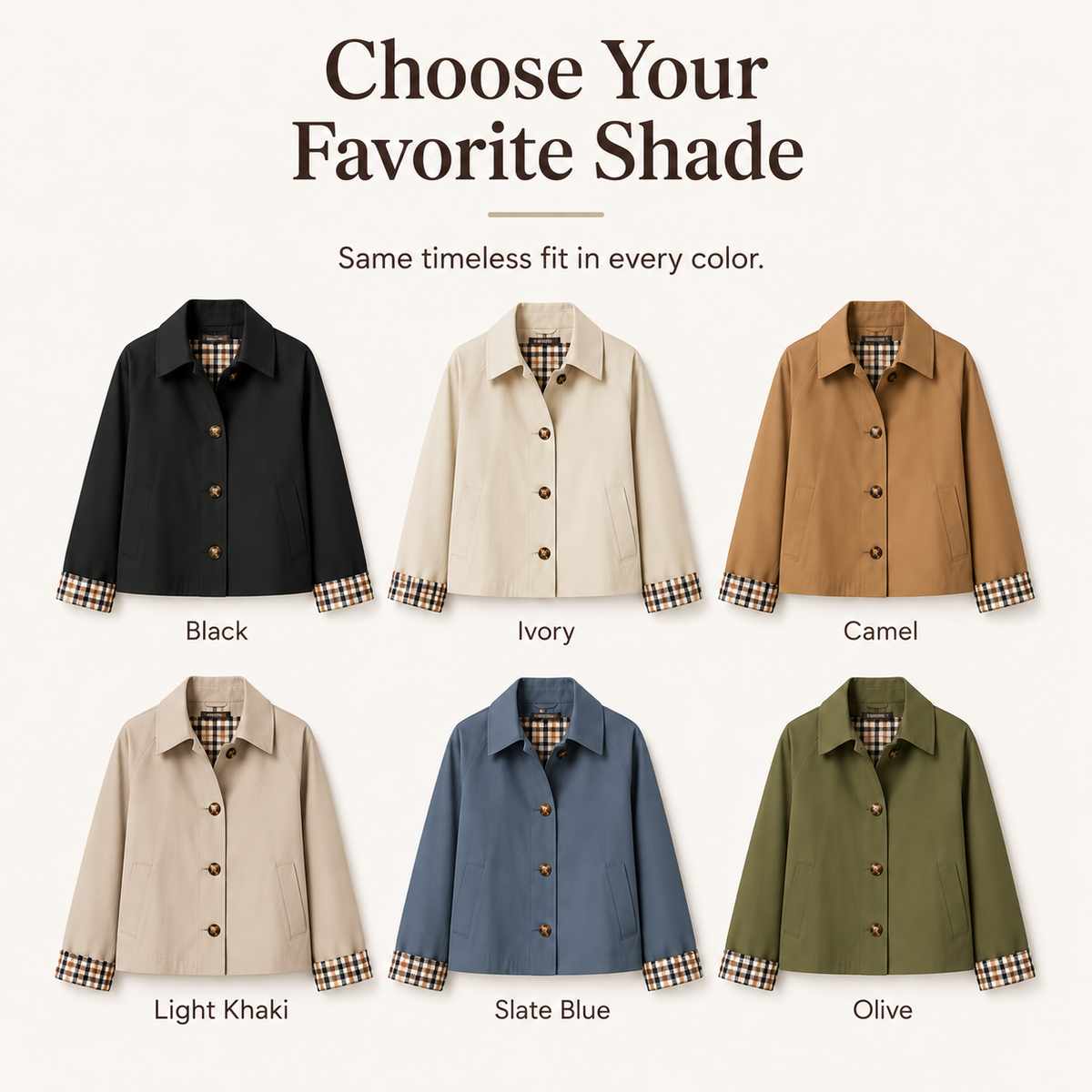 🧥 Classic Collar Cropped Jacket – Checkered Lining