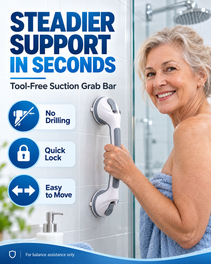 Suction Cup Grab Bar – Tool-Free No-Drill Install on Tile & Glass, Strong Vacuum Hold, Removable & Reusable – Extra Balance Support for Bathroom Safety 🔒