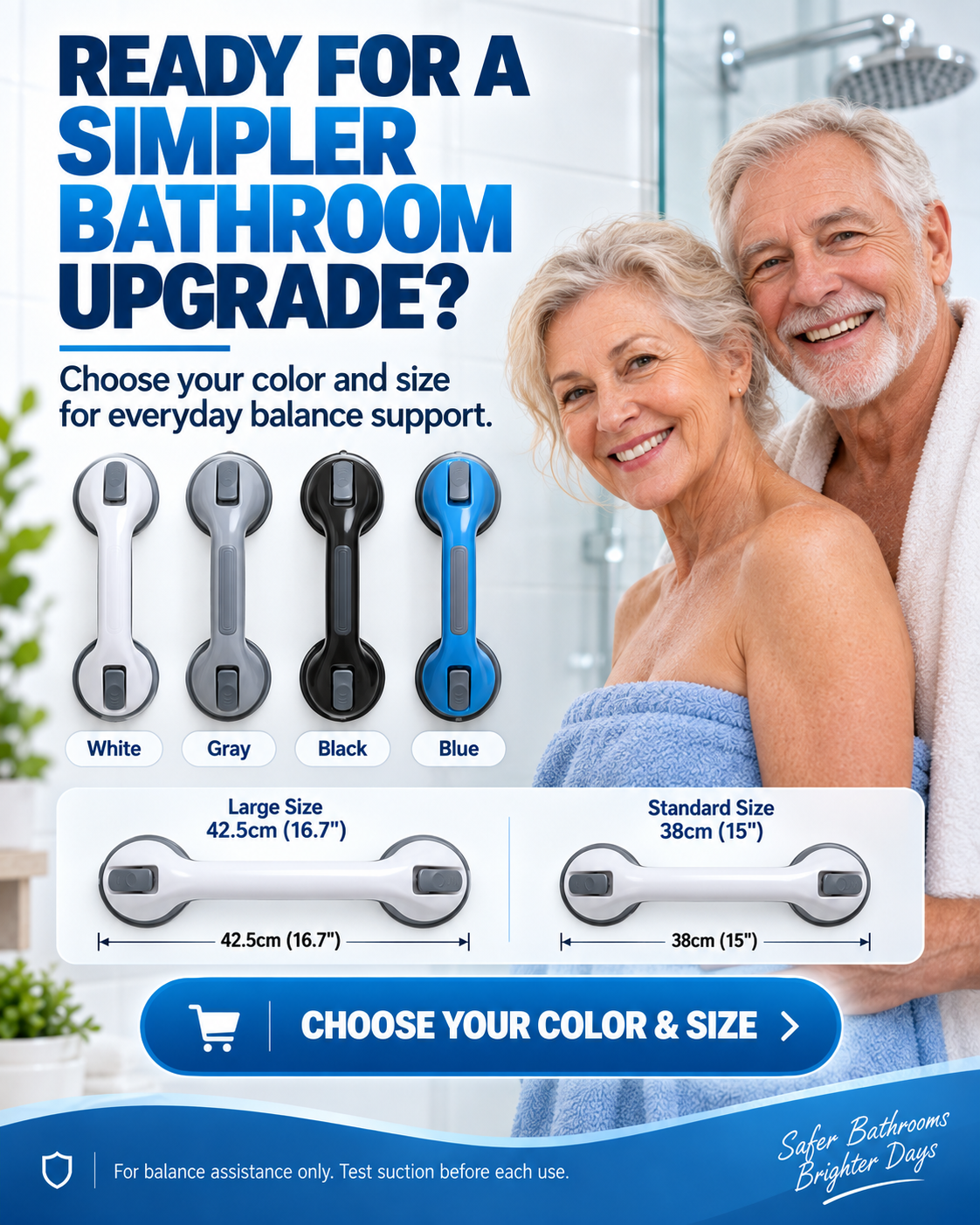 Suction Cup Grab Bar – Tool-Free No-Drill Install on Tile & Glass, Strong Vacuum Hold, Removable & Reusable – Extra Balance Support for Bathroom Safety 🔒