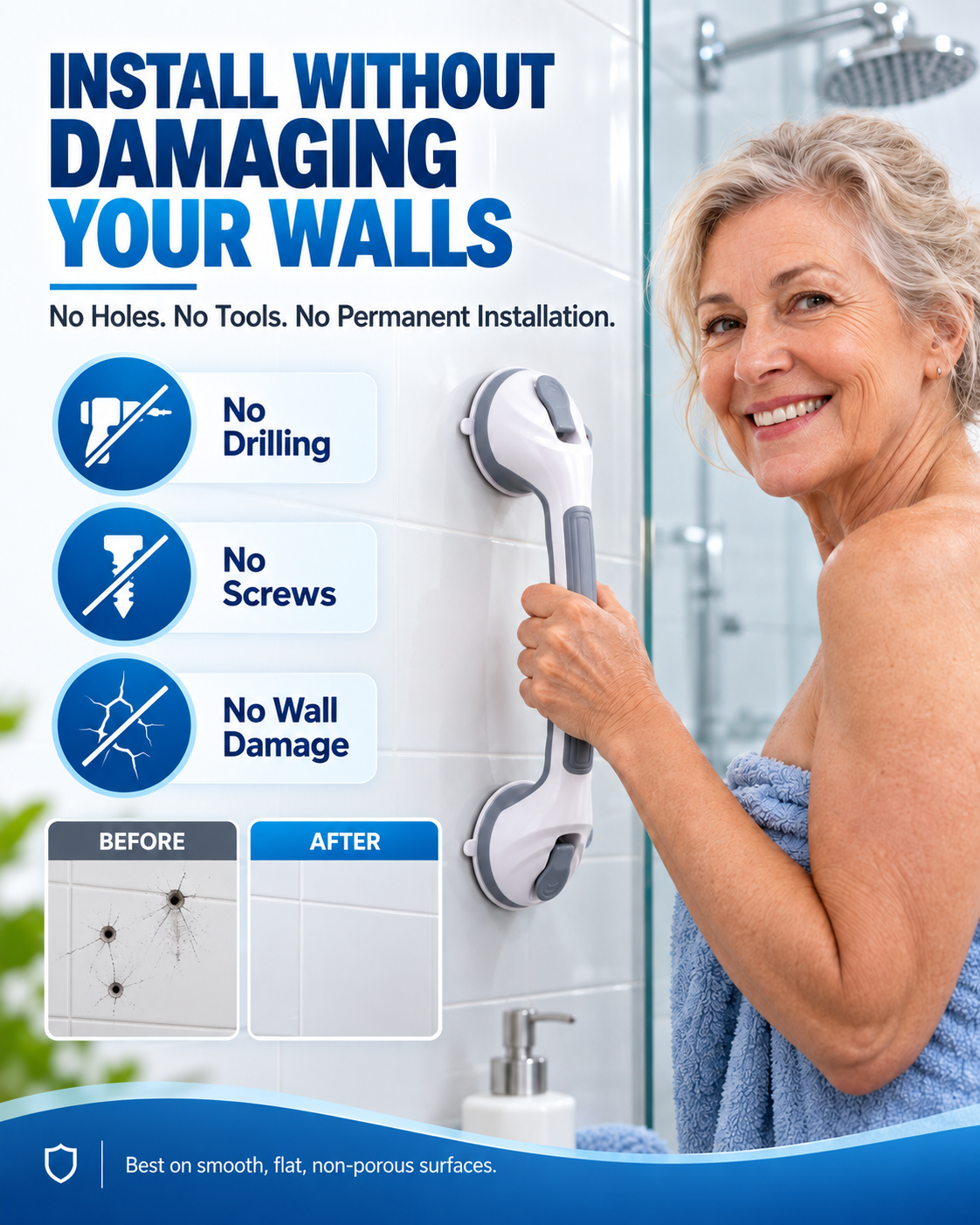 Suction Cup Grab Bar – Tool-Free No-Drill Install on Tile & Glass, Strong Vacuum Hold, Removable & Reusable – Extra Balance Support for Bathroom Safety 🔒