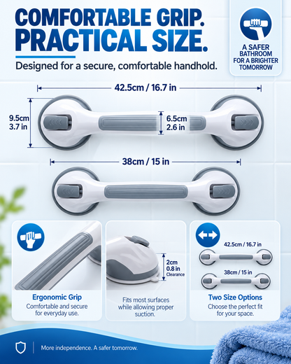 Suction Cup Grab Bar – Tool-Free No-Drill Install on Tile & Glass, Strong Vacuum Hold, Removable & Reusable – Extra Balance Support for Bathroom Safety 🔒