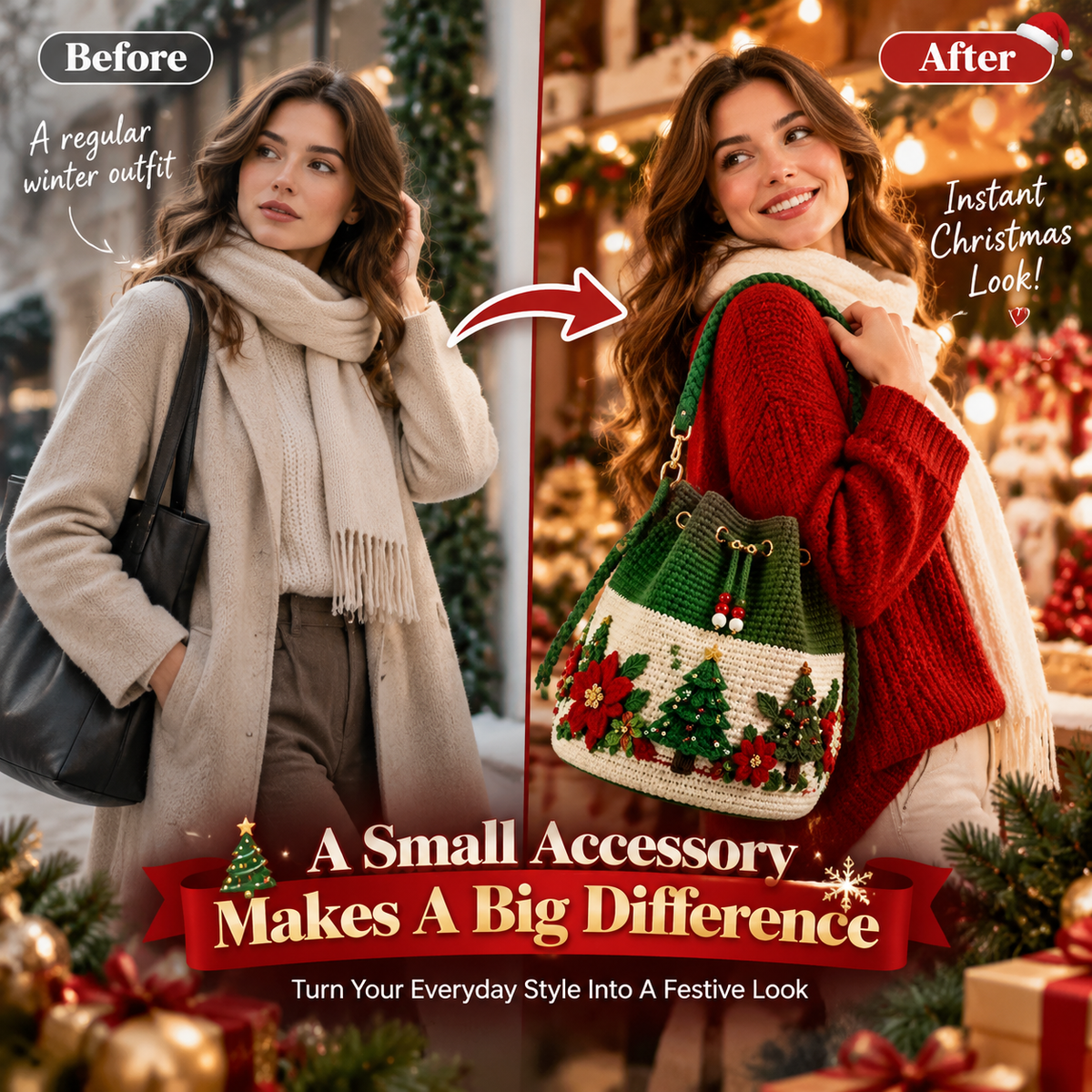 🎄 Christmas Crochet-Style Bucket Bag — Festive Charm for Every Outfit & a Thoughtful Gift for Her 🎁