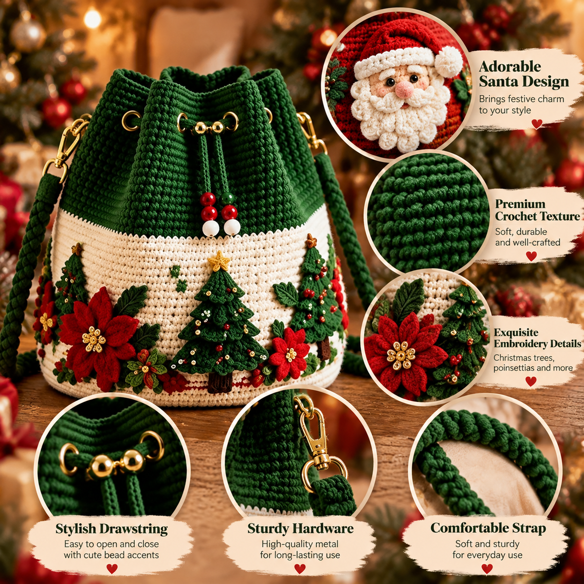 🎄 Christmas Crochet-Style Bucket Bag — Festive Charm for Every Outfit & a Thoughtful Gift for Her 🎁