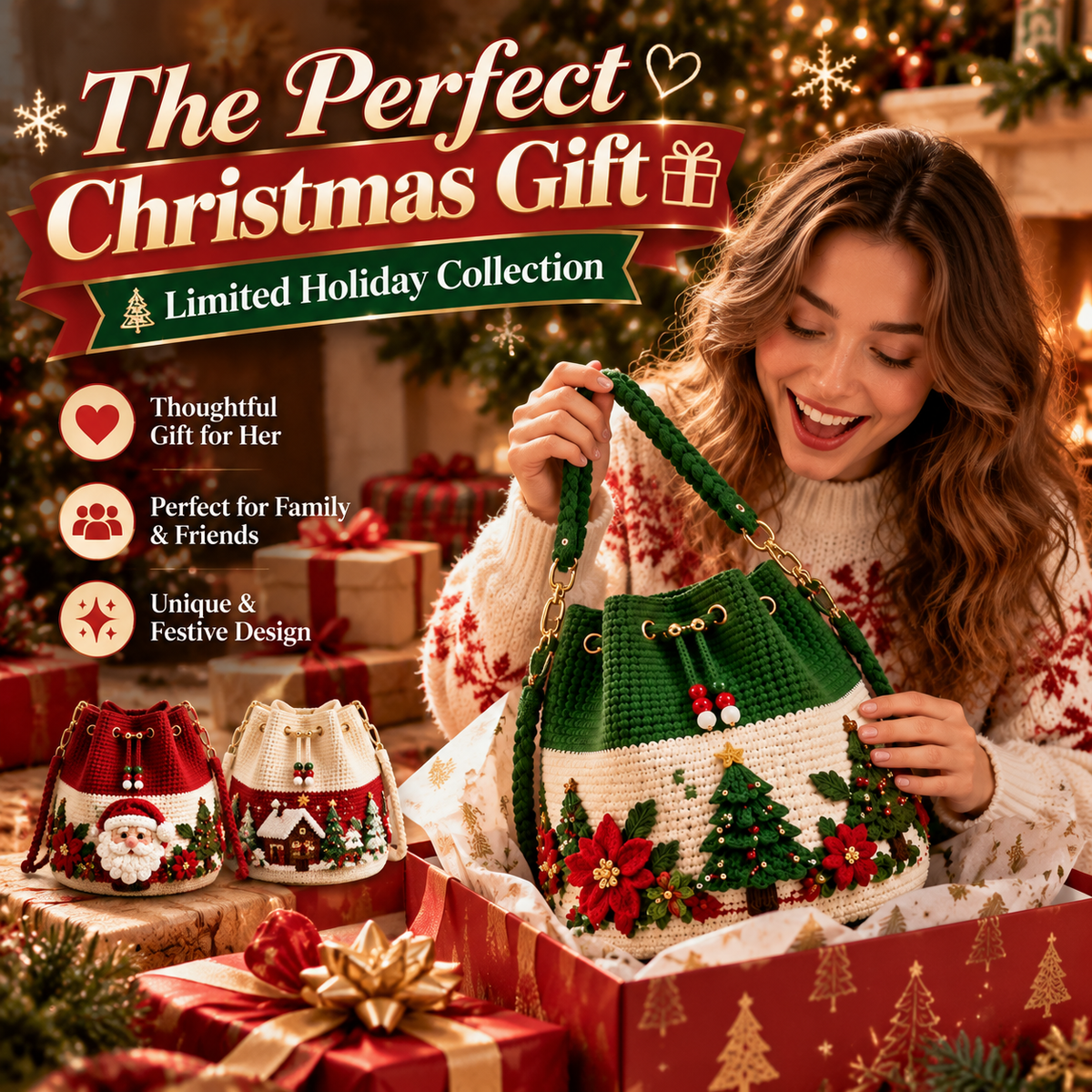 🎄 Christmas Crochet-Style Bucket Bag — Festive Charm for Every Outfit & a Thoughtful Gift for Her 🎁