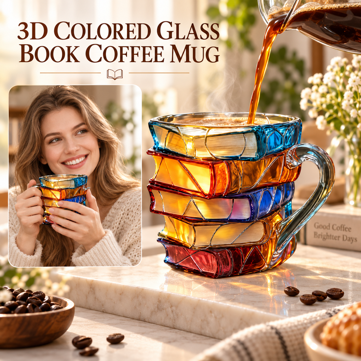 📚 Hand-Painted 3D Book Stack Glass Mug – Cozy Reader Gift, Only 7 Left ☕
