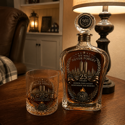 🕯️ 9/12 25th Anniversary Memorial Whiskey Decanter & Glass Gift Set – We Will Never Forget 343 Heroes Tribute