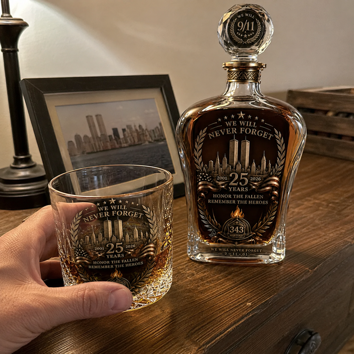 🕯️ 9/12 25th Anniversary Memorial Whiskey Decanter & Glass Gift Set – We Will Never Forget 343 Heroes Tribute