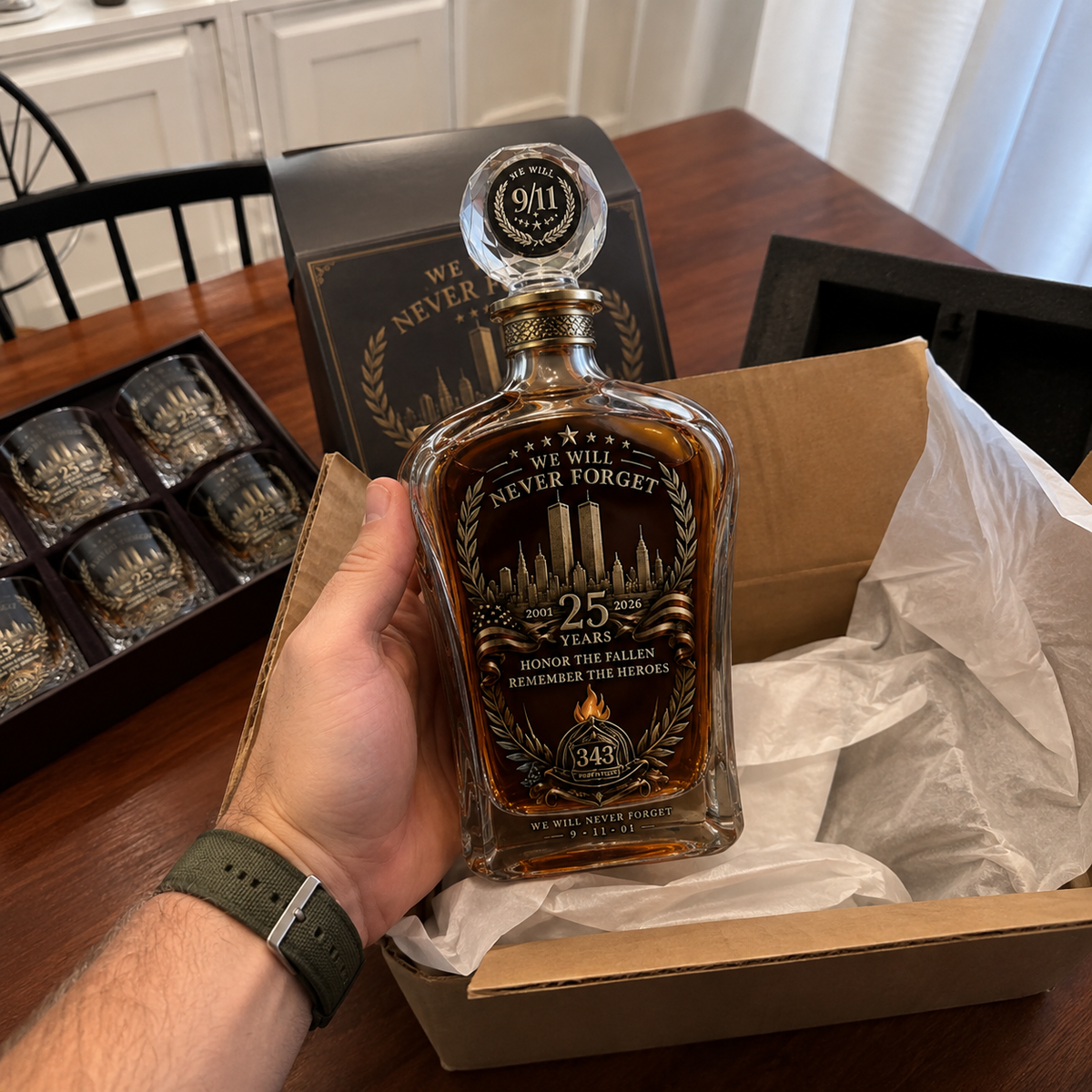 🕯️ 9/12 25th Anniversary Memorial Whiskey Decanter & Glass Gift Set – We Will Never Forget 343 Heroes Tribute