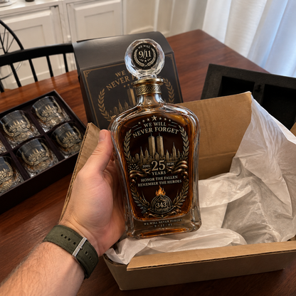 🕯️ 9/12 25th Anniversary Memorial Whiskey Decanter & Glass Gift Set – We Will Never Forget 343 Heroes Tribute