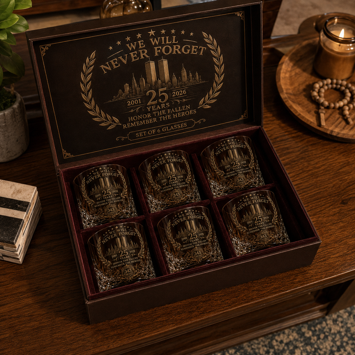 🕯️ 9/12 25th Anniversary Memorial Whiskey Decanter & Glass Gift Set – We Will Never Forget 343 Heroes Tribute