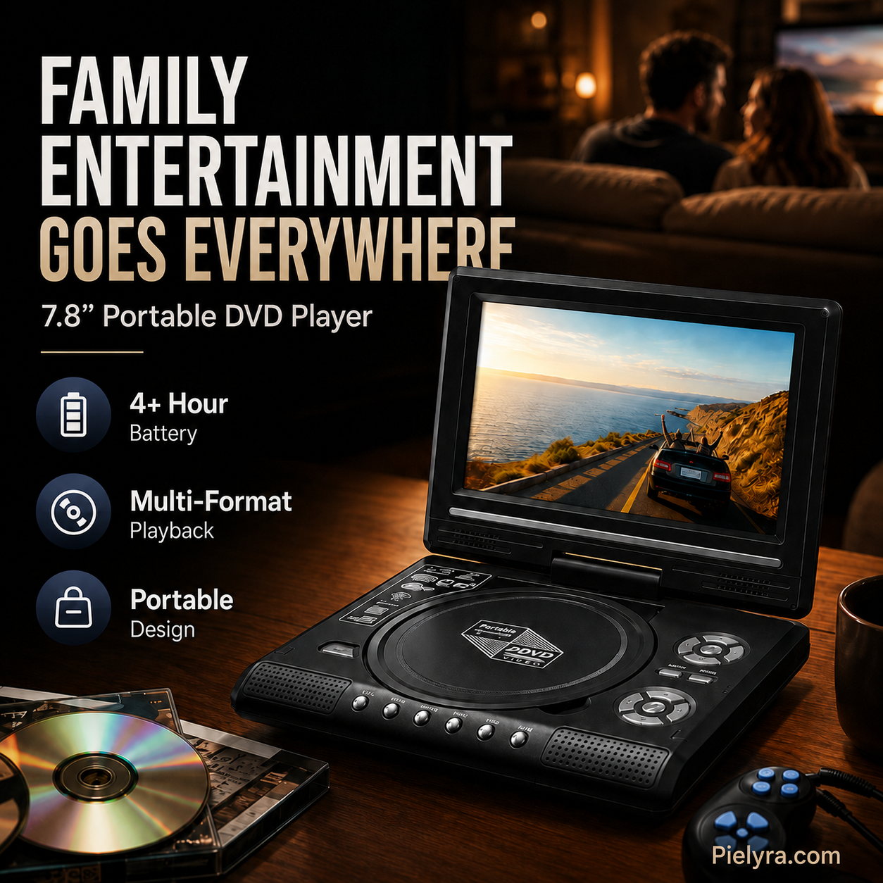 🚚 FREE Shipping! 7.8' HD Portable DVD Player – 4+ Hour Rechargeable Battery, Multi-Format Playback & Complete Travel Kit