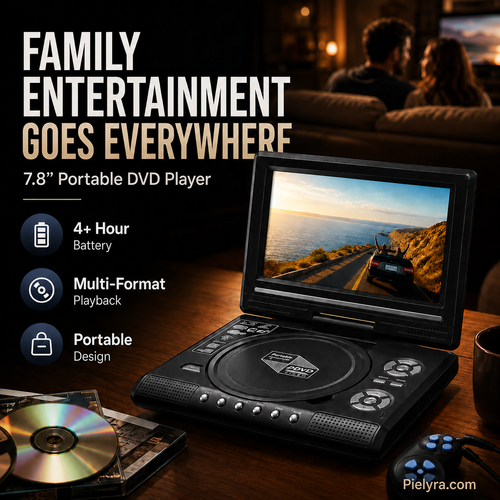 🚚 FREE Shipping! 7.8' HD Portable DVD Player – 4+ Hour Rechargeable Battery, Multi-Format Playback & Complete Travel Kit
