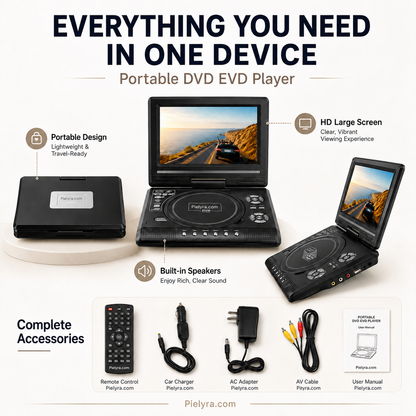 🚚 FREE Shipping! 7.8' HD Portable DVD Player – 4+ Hour Rechargeable Battery, Multi-Format Playback & Complete Travel Kit