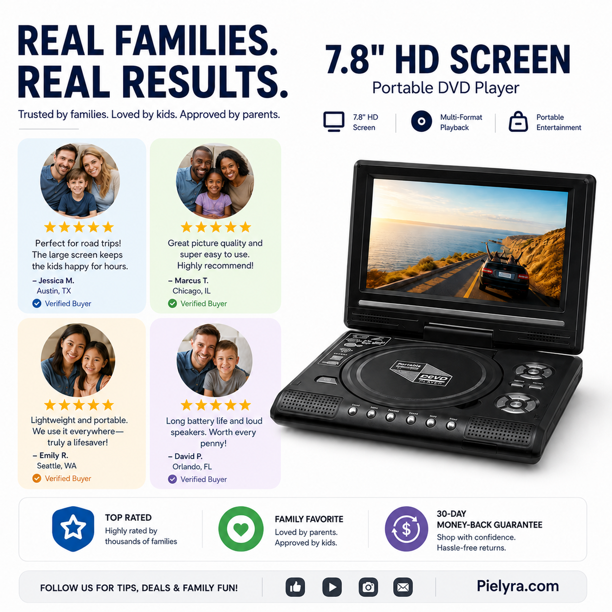 🚚 FREE Shipping! 7.8' HD Portable DVD Player – 4+ Hour Rechargeable Battery, Multi-Format Playback & Complete Travel Kit