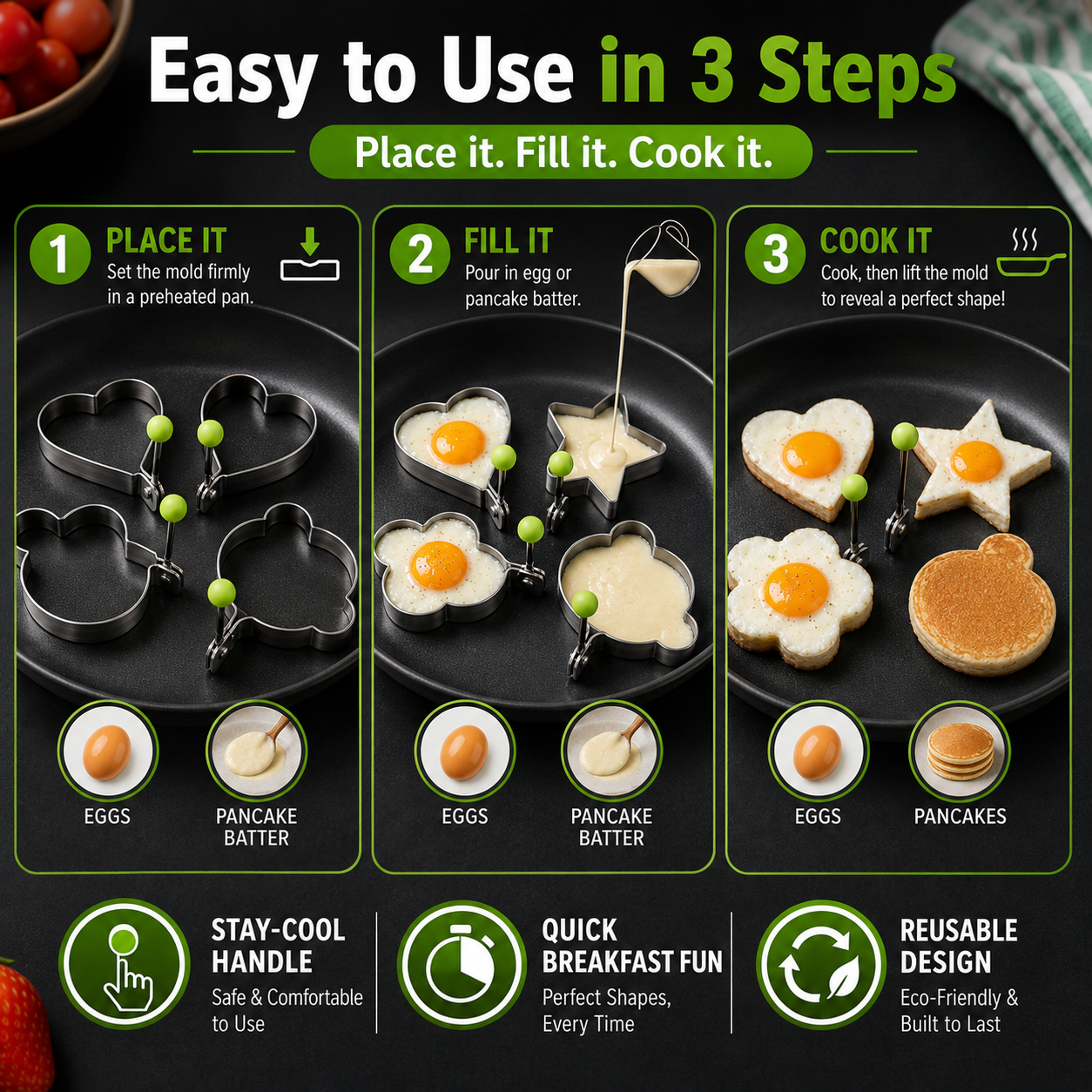 🍳 Stainless Steel Egg Rings & Pancake Molds – 5 Fun Shapes 🥞