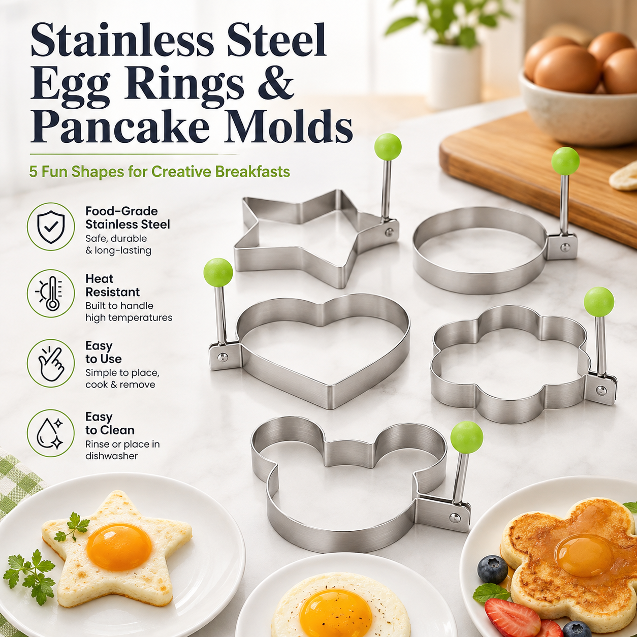 🍳 Stainless Steel Egg Rings & Pancake Molds – 5 Fun Shapes 🥞
