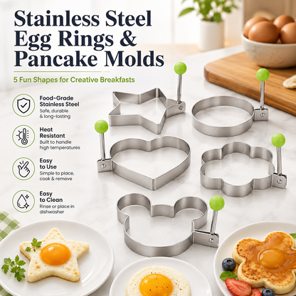 🍳 Stainless Steel Egg Rings & Pancake Molds – 5 Fun Shapes 🥞