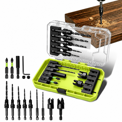 15-Piece Countersink Drill Bit Set – 1/4' Hex Shank, Depth Stop & Quick-Change Design