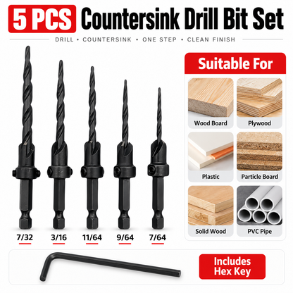 15-Piece Countersink Drill Bit Set – 1/4' Hex Shank, Depth Stop & Quick-Change Design
