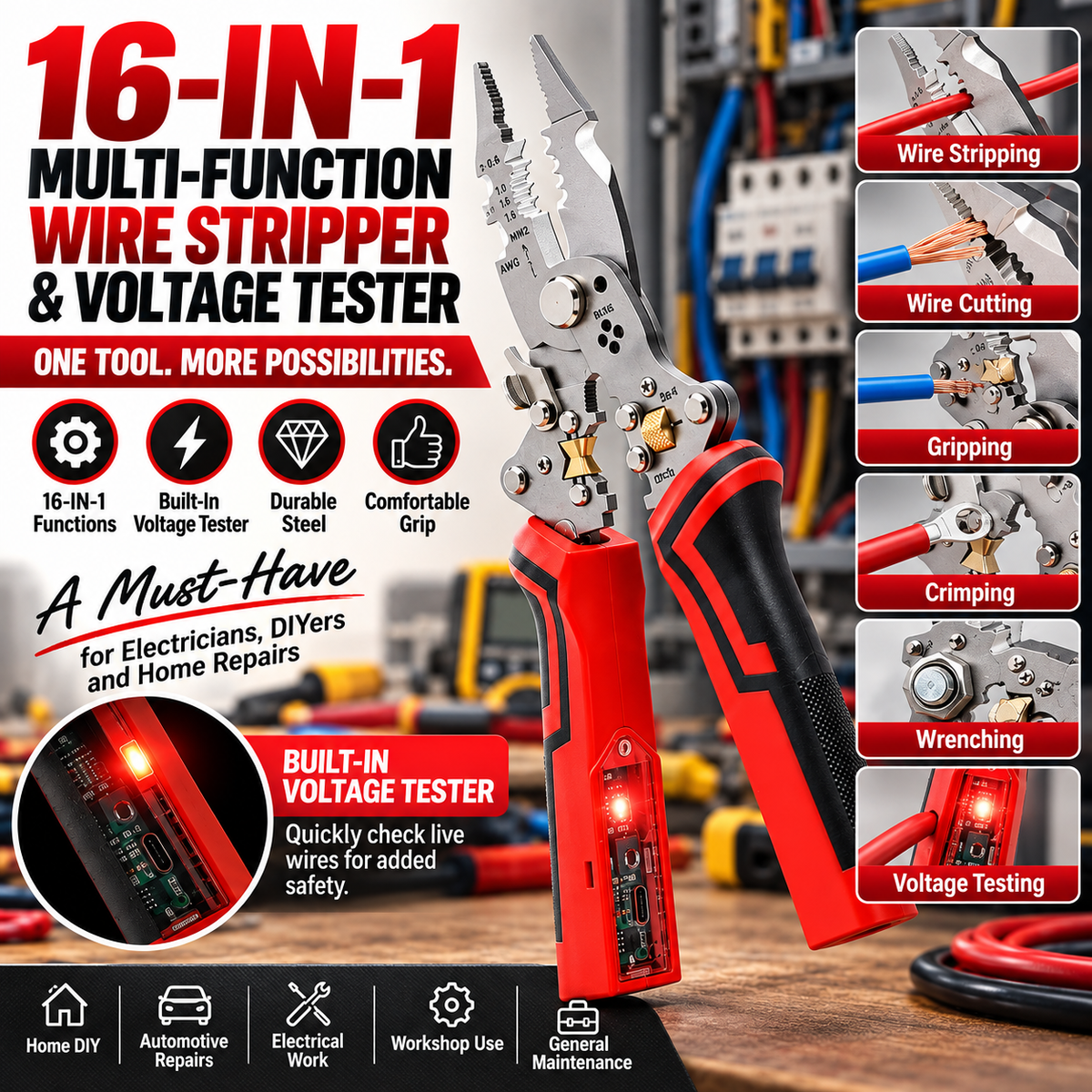 ⚡ 16-in-1 Multi-Function Wire Stripper & Voltage Tester – Cutting, Stripping & Electrical Repair Pliers