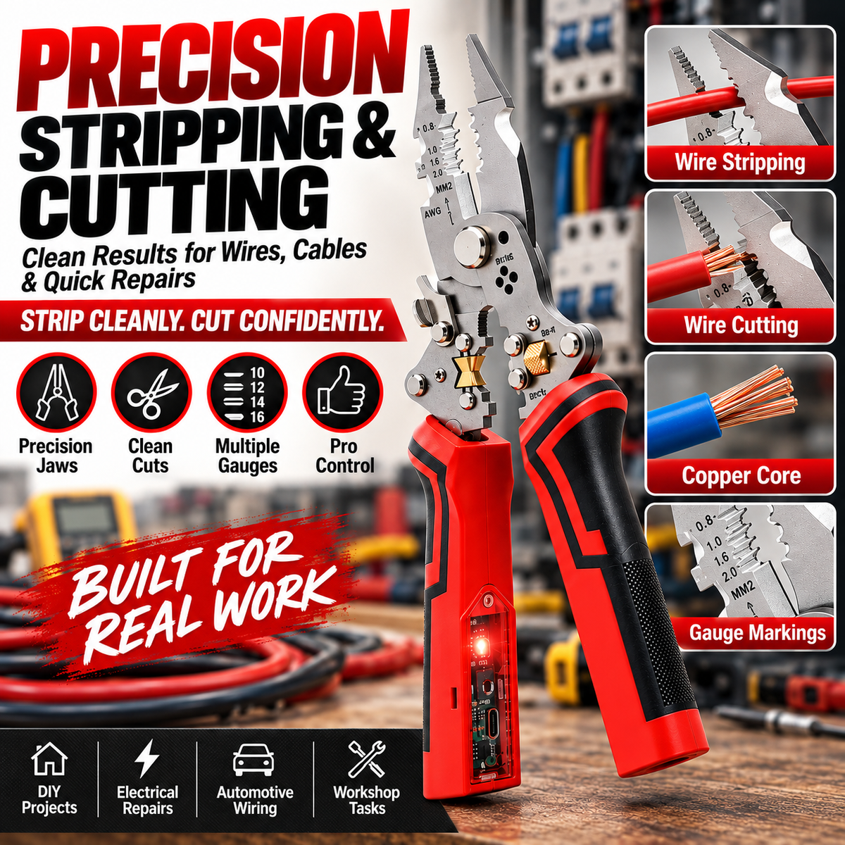 ⚡ 16-in-1 Multi-Function Wire Stripper & Voltage Tester – Cutting, Stripping & Electrical Repair Pliers