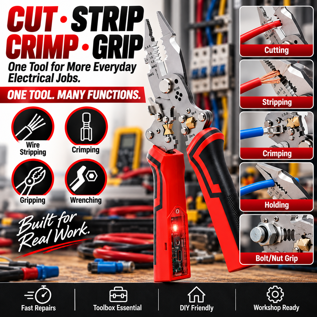 ⚡ 16-in-1 Multi-Function Wire Stripper & Voltage Tester – Cutting, Stripping & Electrical Repair Pliers