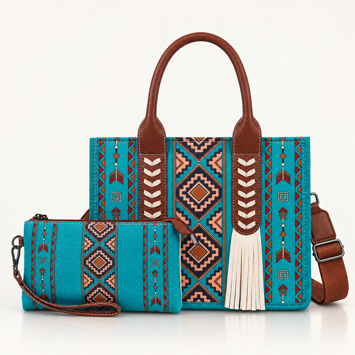 👜 Handcrafted Southwestern Leather Tote Bag with Geometric Pattern and Fringe Accent