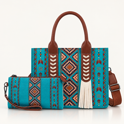 👜 Handcrafted Southwestern Leather Tote Bag with Geometric Pattern and Fringe Accent