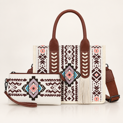 👜 Handcrafted Southwestern Leather Tote Bag with Geometric Pattern and Fringe Accent