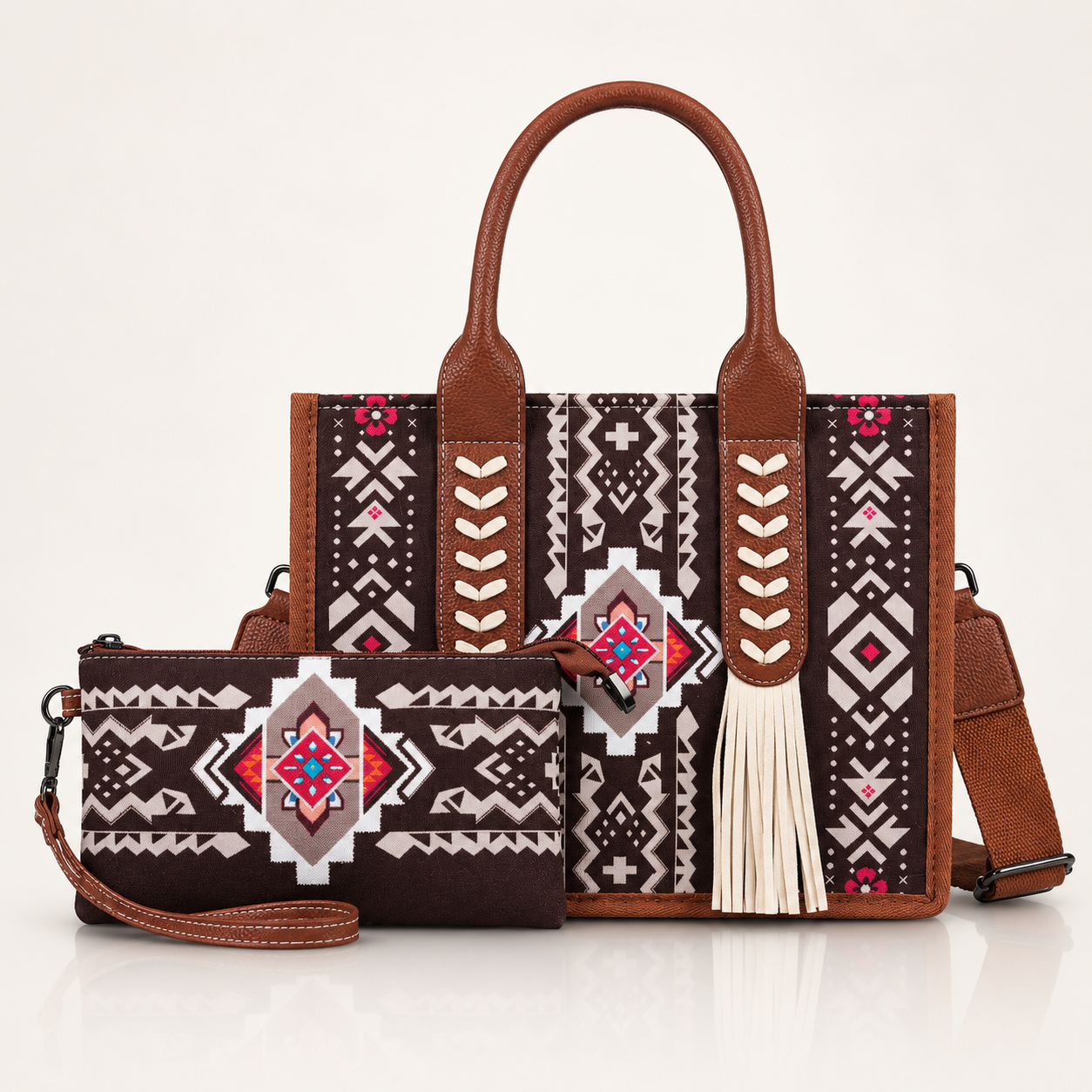 👜 Handcrafted Southwestern Leather Tote Bag with Geometric Pattern and Fringe Accent