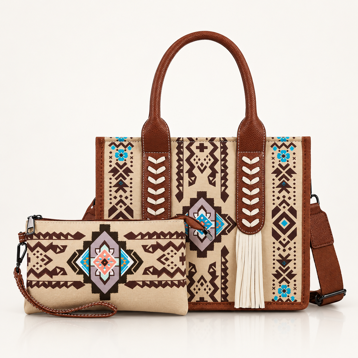 👜 Handcrafted Southwestern Leather Tote Bag with Geometric Pattern and Fringe Accent