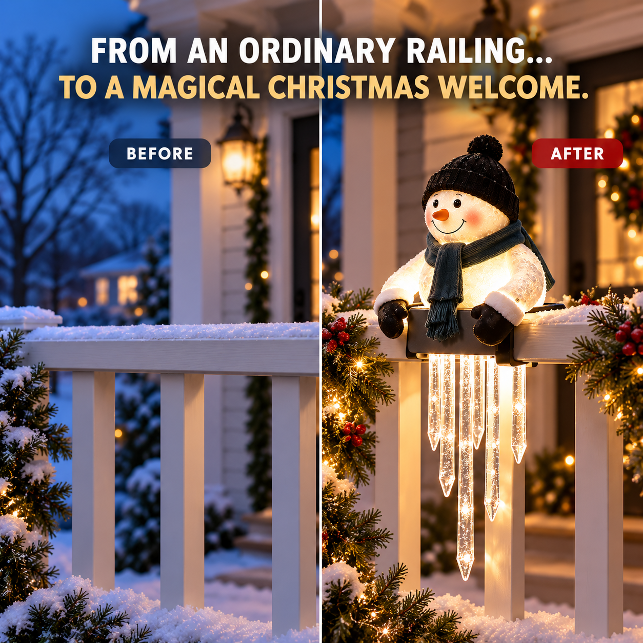 ☃️ Lighted Snowman Railing Decoration with Hanging Icicles – Christmas Porch Décor