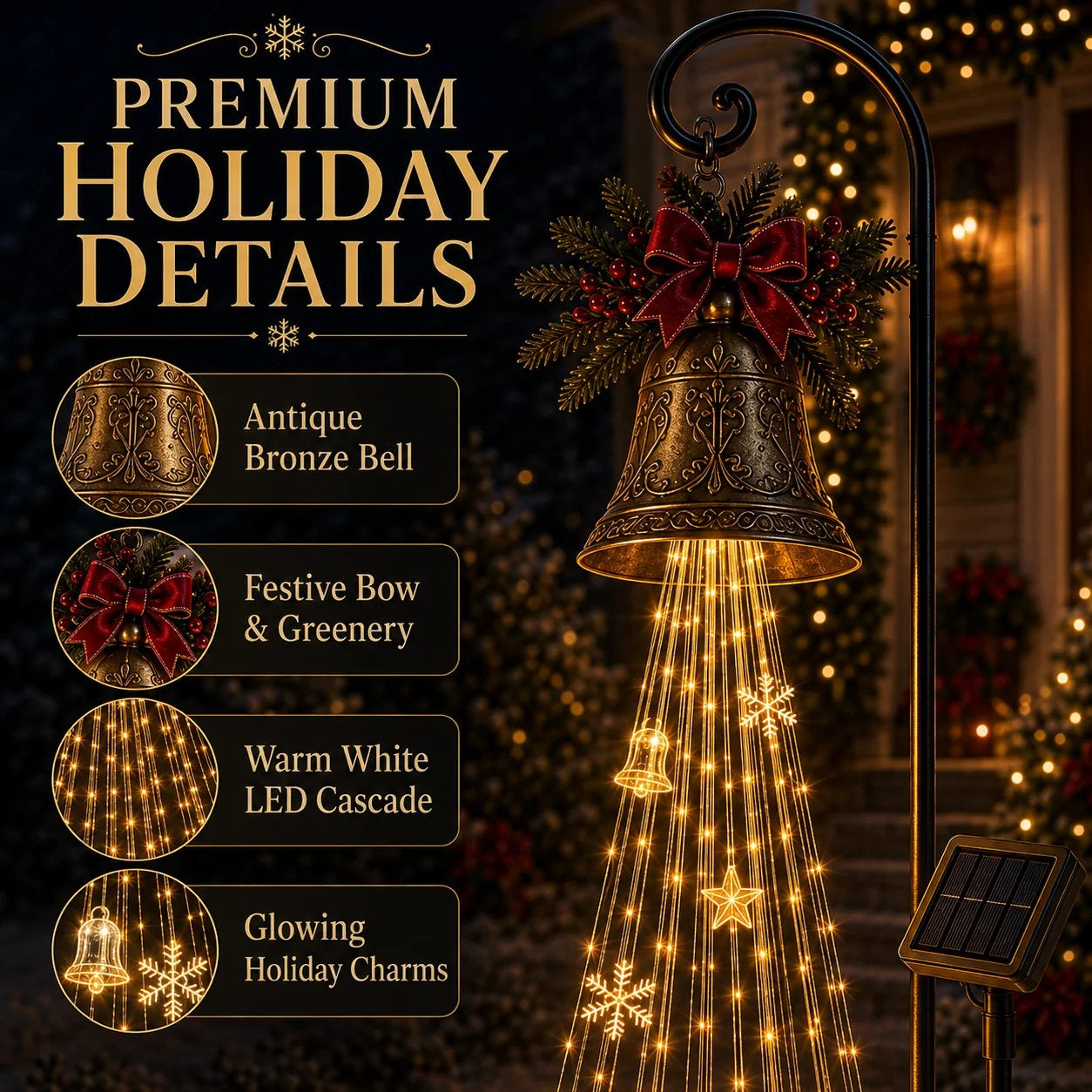 🔔 Outdoor Solar Christmas Bell Light with Cascading Stars for Yard Pathway Decor