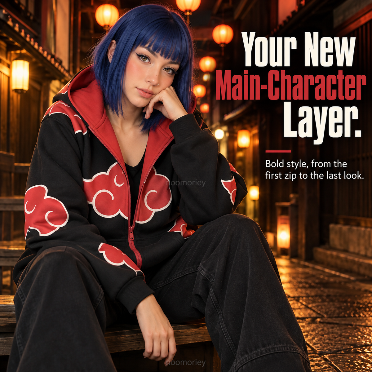 Anime Ninja Red Cloud Full-Zip Hoodie with Face Cover, Black Gothic Streetwear Jacket
