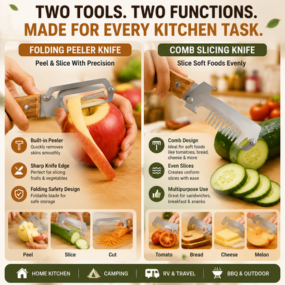 🥕OFF 50% TODAY🔪 2PCS Wood Handle Multifunction Kitchen Peeler | Peel, Slice & Bottle Opener All-in-One