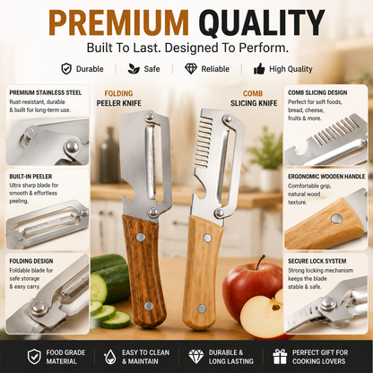 🥕OFF 50% TODAY🔪 2PCS Wood Handle Multifunction Kitchen Peeler | Peel, Slice & Bottle Opener All-in-One
