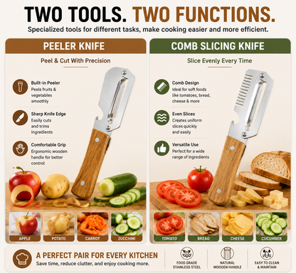 🥕OFF 50% TODAY🔪 2PCS Wood Handle Multifunction Kitchen Peeler | Peel, Slice & Bottle Opener All-in-One
