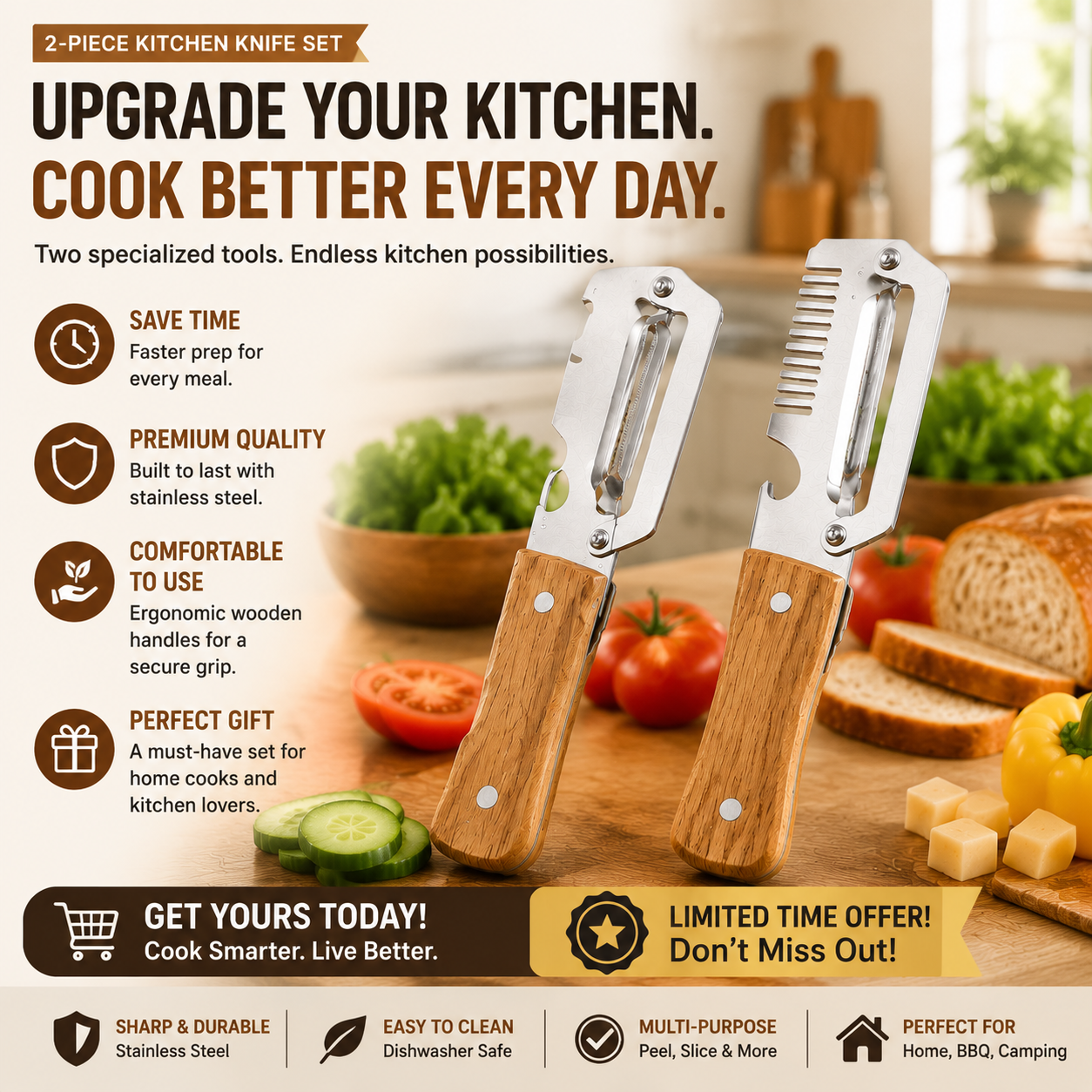 🥕OFF 50% TODAY🔪 2PCS Wood Handle Multifunction Kitchen Peeler | Peel, Slice & Bottle Opener All-in-One